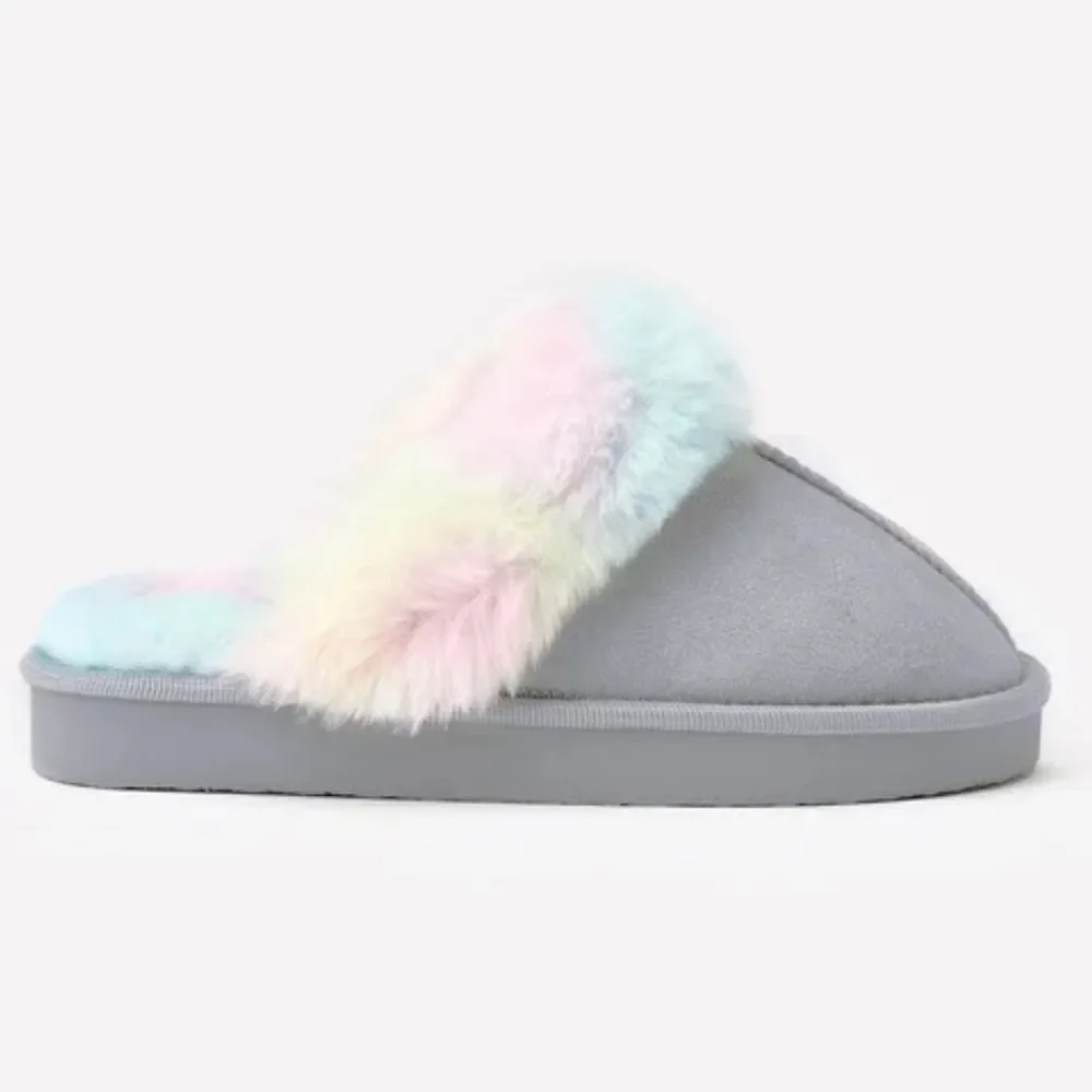 FAB KIDS - Fur Trim Slipper - Rainbow Gray